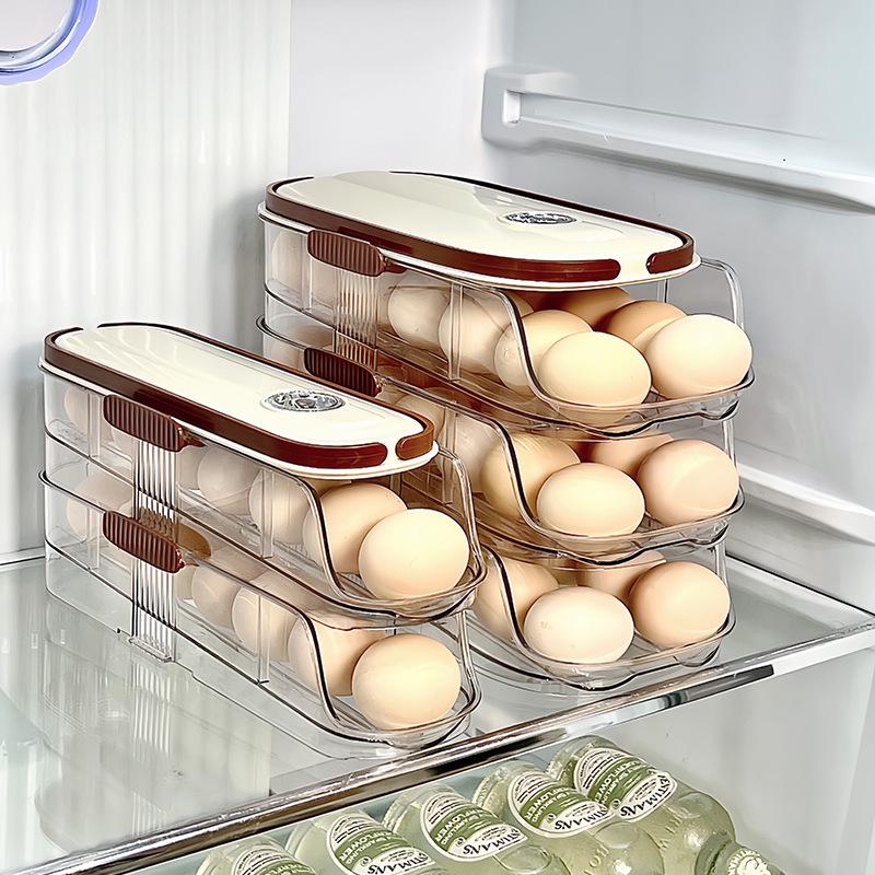 Timed Egg Rack: Portable Multi-Layer Slide-Type Storage for Refrigerator.