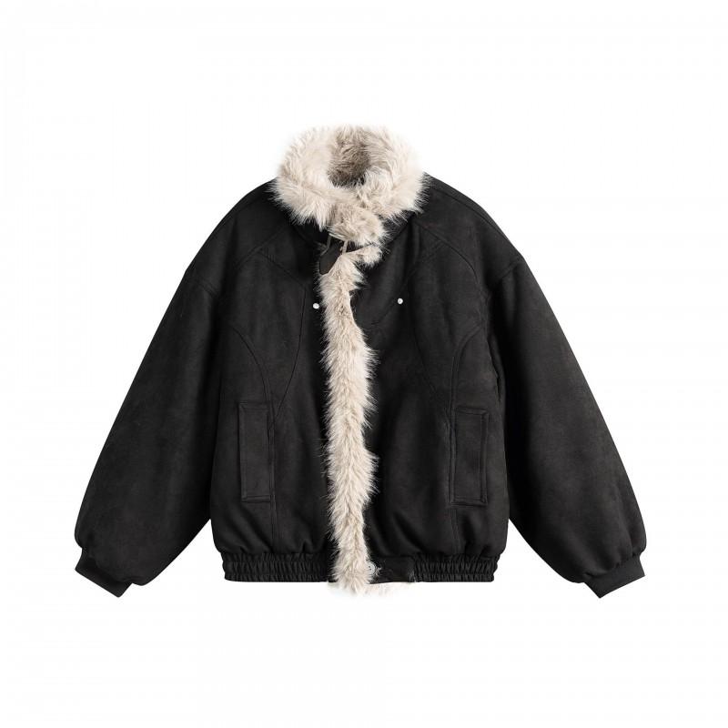 Unisex Retro Suede Cotton Puffer Jacket Winter Warm Oversized Parka With Stand Collar Side Pockets