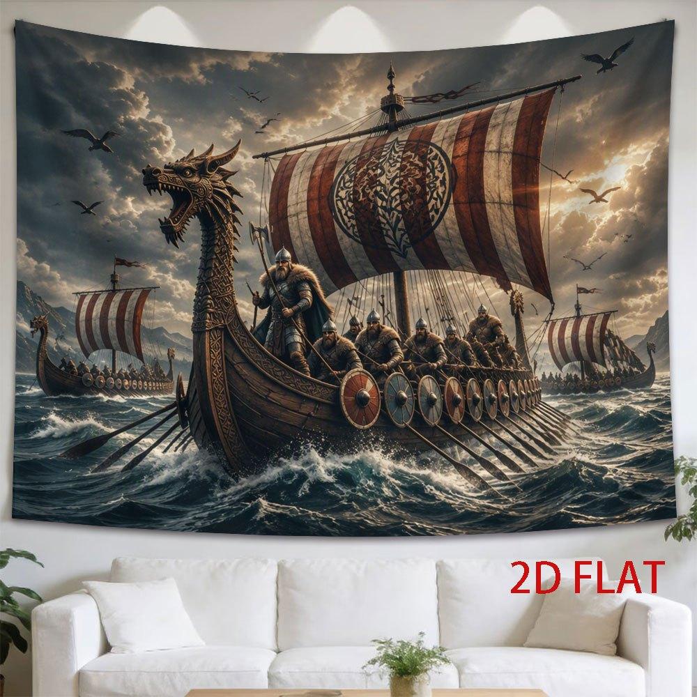 2D Flat - 2D Flat - 1pc 2D Flat Tapestry Viking Longship Sailing Through Stormy Seas with Warriors Aboard, Dragonhead Prow And Striped Sail Against Dr