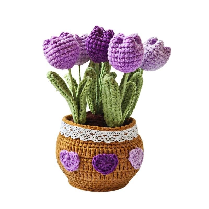 Potted Crochet Tulips Decors with Handcrafted Yarn Texture, Handmade Knitted Potted Flower for Tabletop Display, Gift for Women