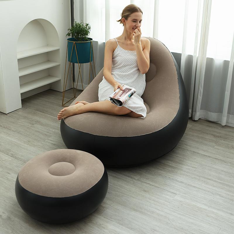 Flocked Inflatable Lazy Sofa with Footstool, Portable Leisure Inflatable Chair for Home