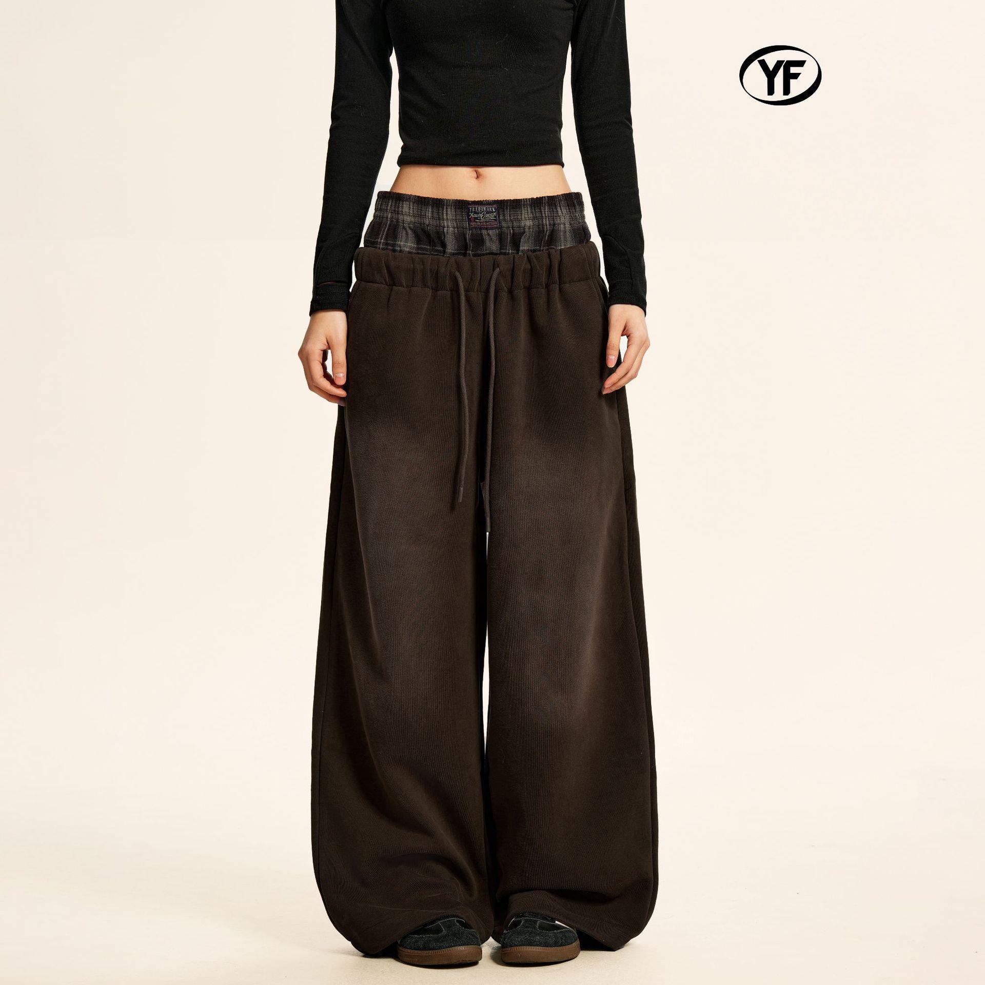Yongfang Unisex Retro Brown Sweatpants, Loose Fit, Double Waistband, Drawstring, Embroidered Letters, Casual Wide-Leg. S коричневый