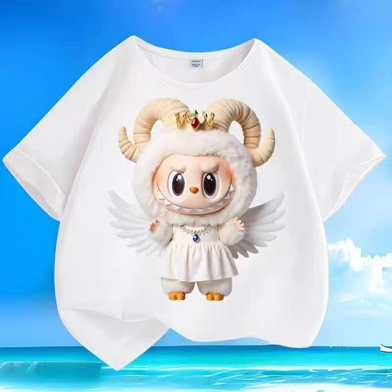 LABUBU Kreslený potisk Dvanácti souhvězdí Dětská trička Bílá Chlapecká Dívčí Krátký rukáv Top Trendy Oblečení Dárek