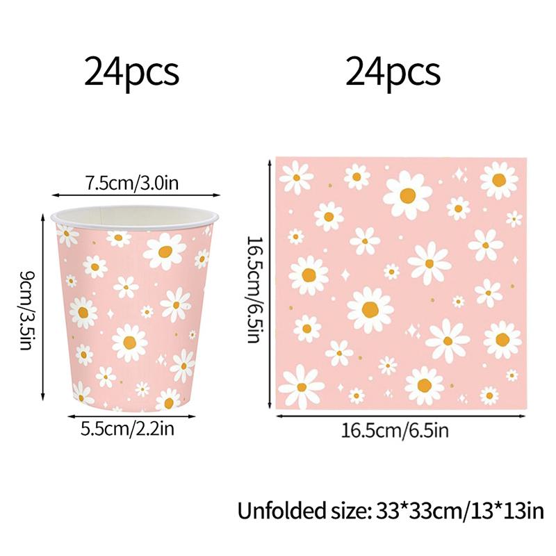 24pcs 7/9inch Pink Daisy Theme Disposable Tableware Flower Plate Napkin Straws Banner Birthday Party Baby Shower Wedding Decor