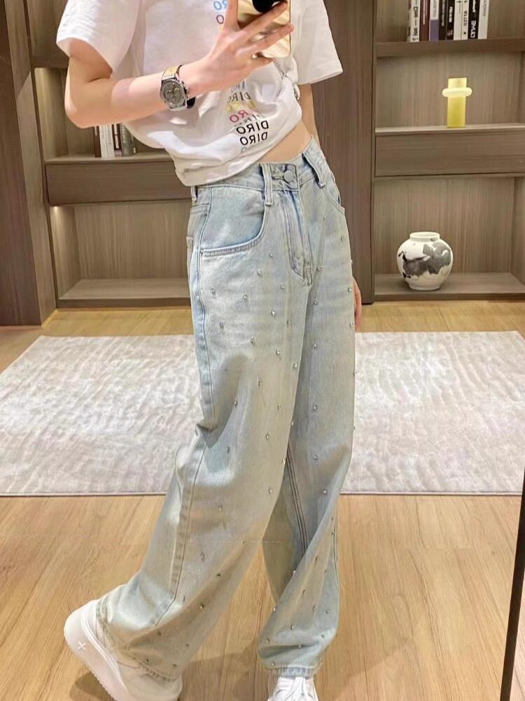 Y2k Harajuku Vintage Baggy Blue Jeans Women Retro Nail Drill Design High Waist Denim Trousers Korean Fashion 90s Aesthetic Wide Pants Streetwear