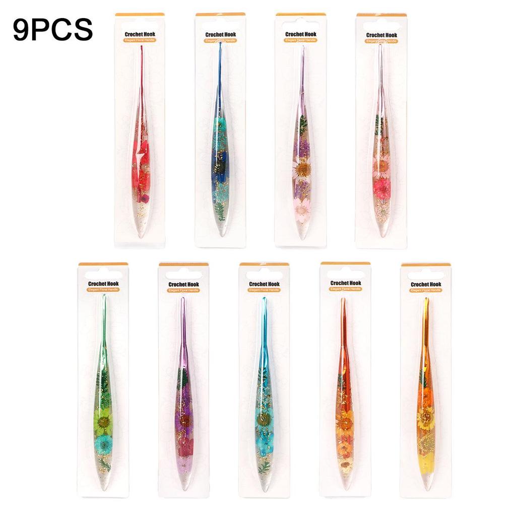Set of 9 Colored Anodized Aluminum Crochet Hooks with Creative Resin Handles and Exquisite Flower Design