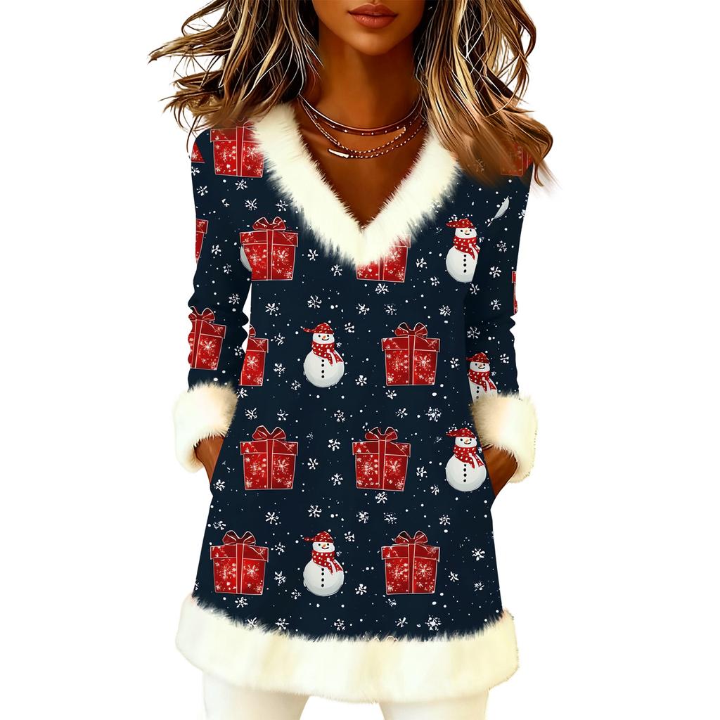 Women's Christmas Fashion Plush V-Neck Pullover Printed Long-Sleeved Top