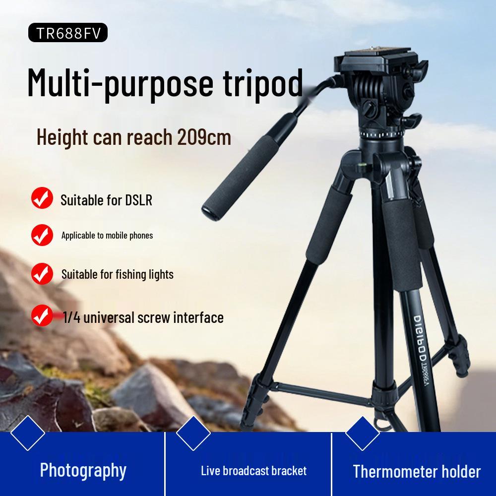 

2m Aluminum Alloy Tripod for Photography, Video & Live Streaming with Mobile Phone Holder and Camera Extension TR688FV