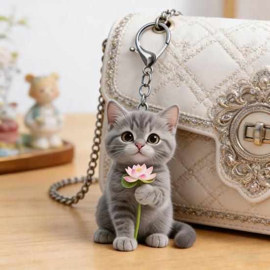 2Pcs Keychain 2D Cat Design Acrylic Charm Key Chain Backpacks Handbags Cars Decorative Pendant Accessories