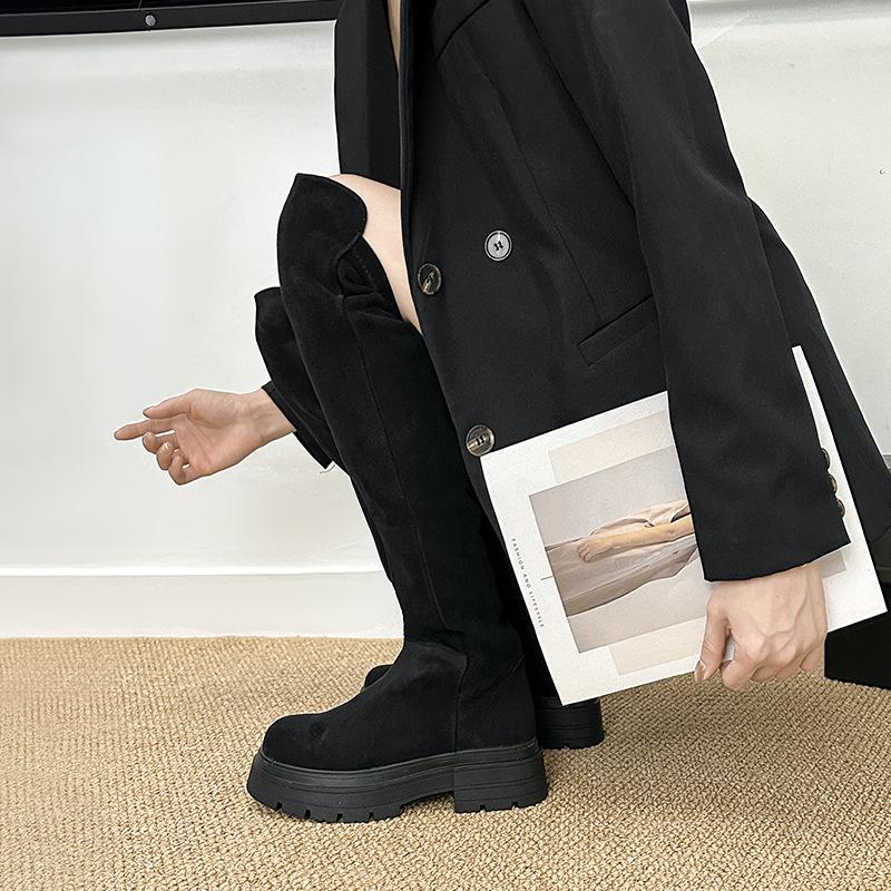 

Замшевые сапоги женские 2025 новые осенние черные мужские тонкие зимние сапоги на толстой подошве с эластичной подошвой 34