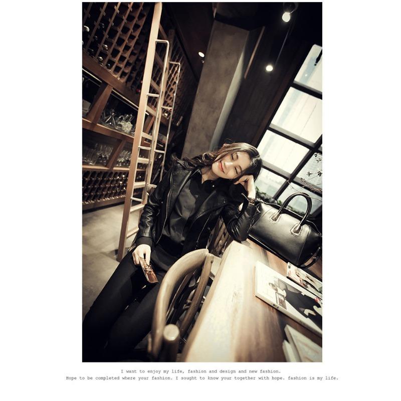 autumn winter turn down collar black PU leather jacket women slim casual fashion zipper coat outwear top