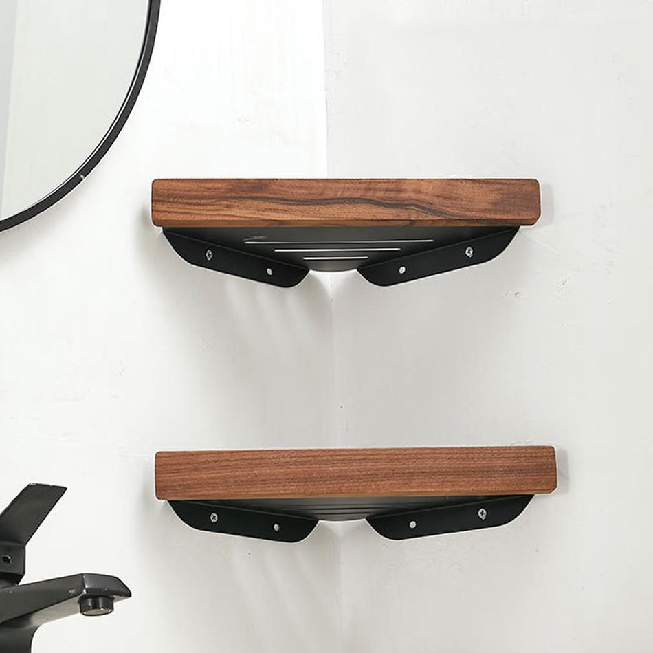 Raft Triunghiular Baie Lemn Aluminiu Negru Toaletă Bucătărie Baie Duș Șampon Săpun Suport Depozitare Raft Colț Organizator de Perete