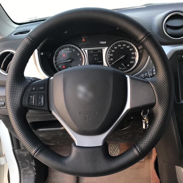 

Чехол на руль из натуральной кожи ручной работы для Suzuki Vitara Black Leather Side Hole, Red Stitch
