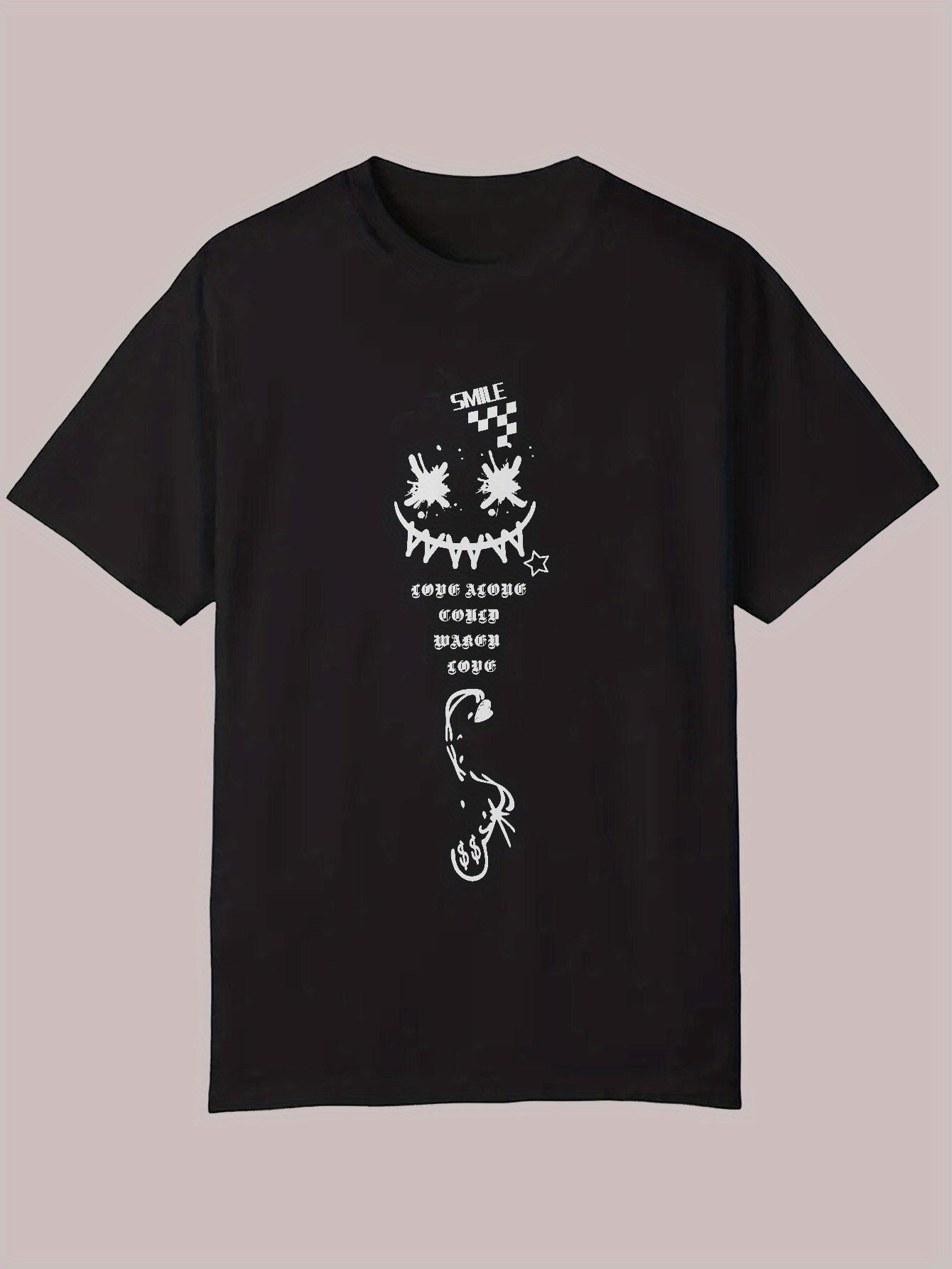 Casual Summer Graphic T-shirt - Black Polyester Crew Neck with Skull & Wings Design XXL