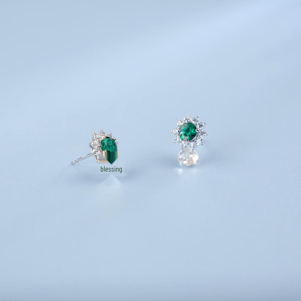 Zhou Hengfu S925 Sterling Silver Emerald Earrings - European & American Simple Fashion Light Luxury