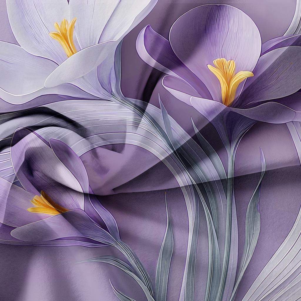 3 Pieces Luxury Romantic Purple Gradient Crocus Floral Duvet Cover Set, Curved Art Line Flower Stem Print Bedding