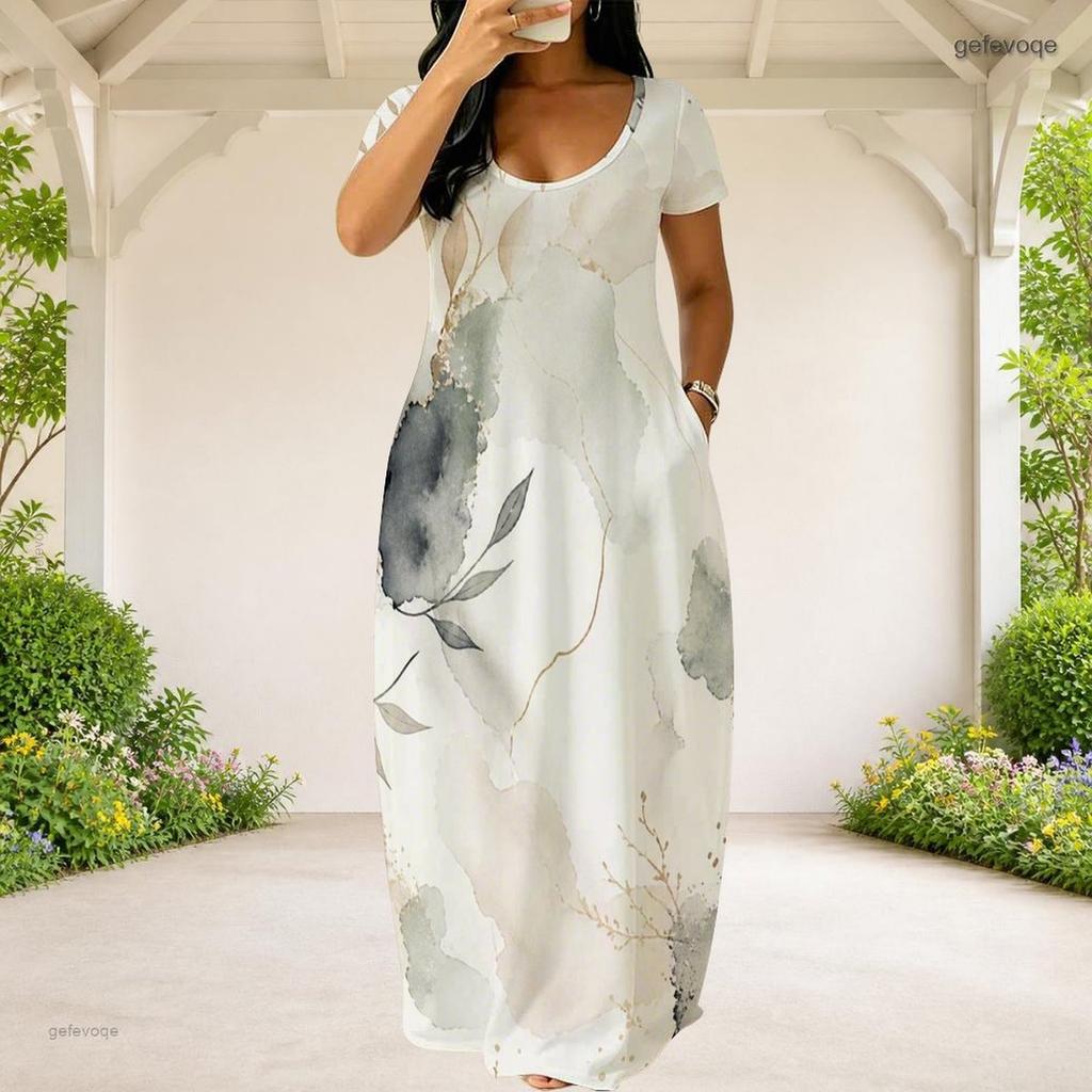 Women Plus Size Round Neck Short Sleeve Abstract Printed Loose Maxi Dress With Side Pockets