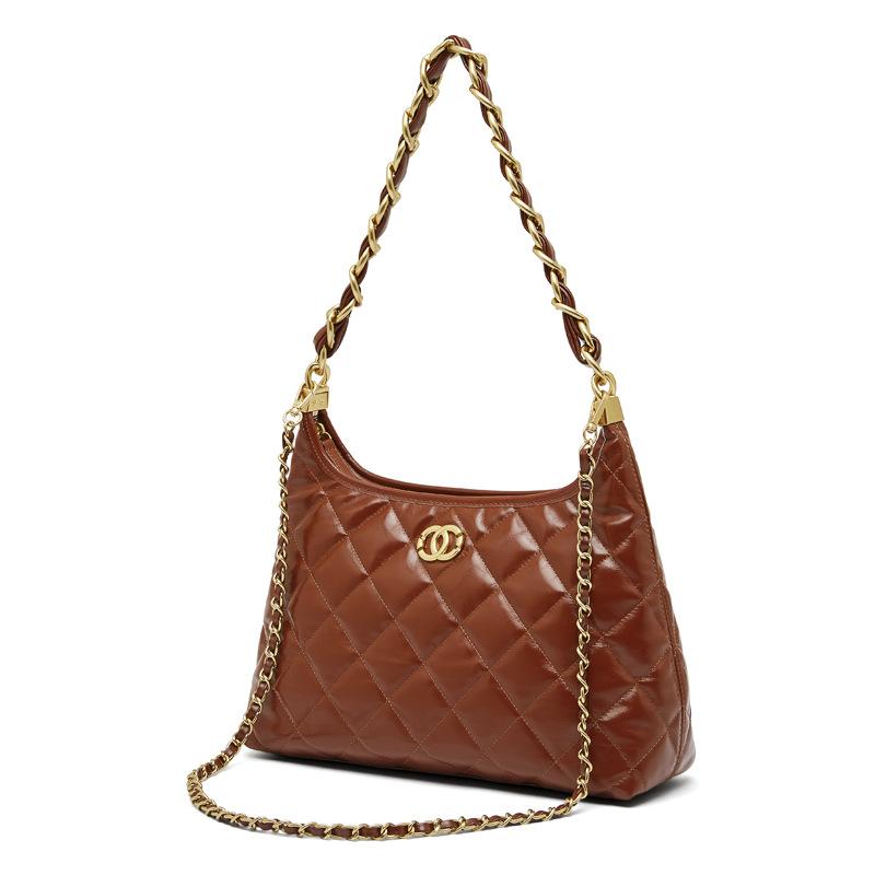 

2025 New Style-Inspired Genuine Leather Single-Shoulder Hippie Bag High-End Thick Chain Hobo Underarm Bag Quilted Chain Bag Caramel