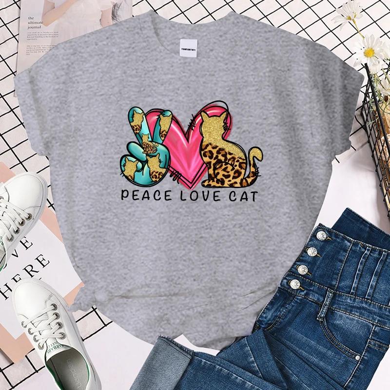(Premium T-shirt)Peace Love Cat Letter Printed Women T-Shirts Peace Love Cat Short Sleeve Shirts Summer Round Neck Tee Shirt Top