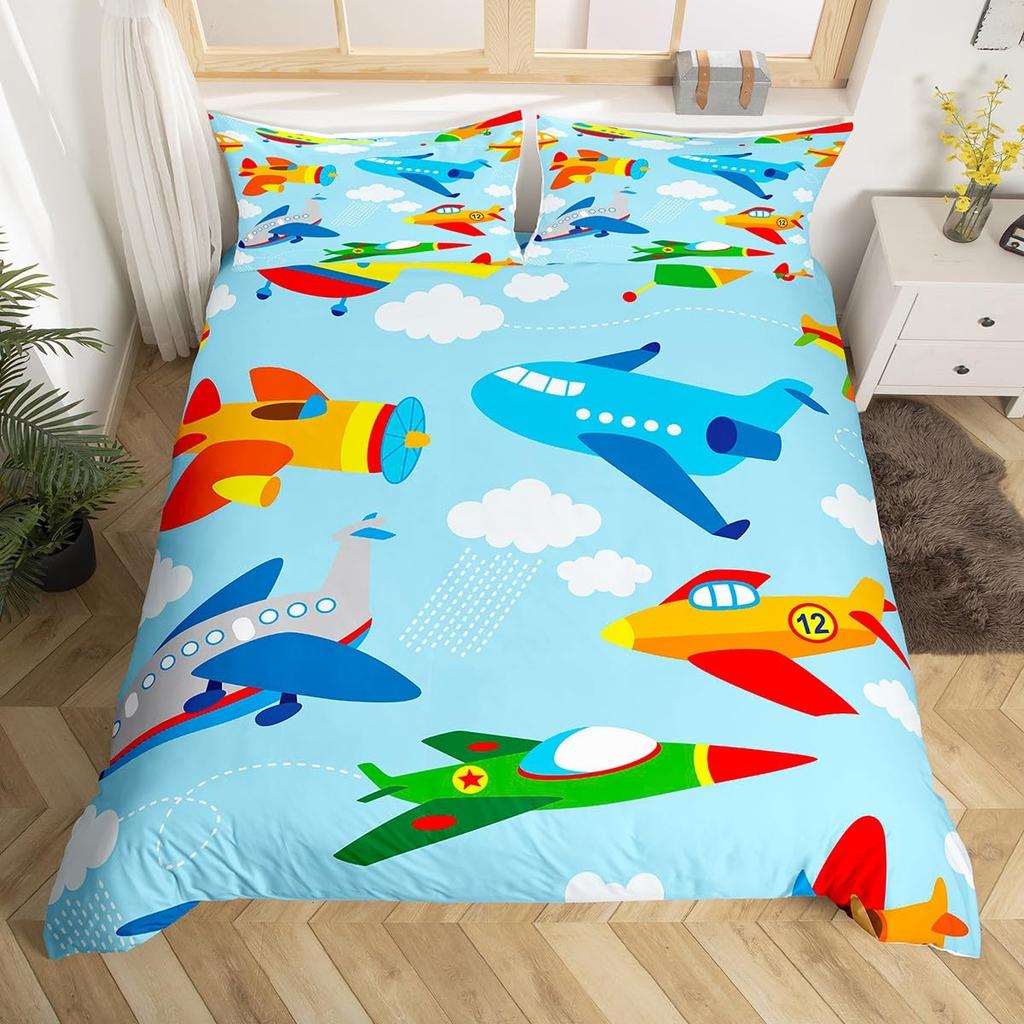 Kids Airplane Flight Theme Duvet Cover Large 3 Piece Set Suitable For Kids With Teens Bedding Room Decoration Gift Super Soft