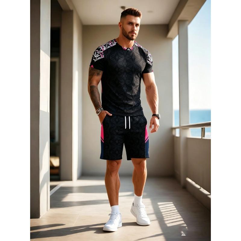 

Men s summer printed trendy breathable short-sleeved T-shirt casual suit S белый