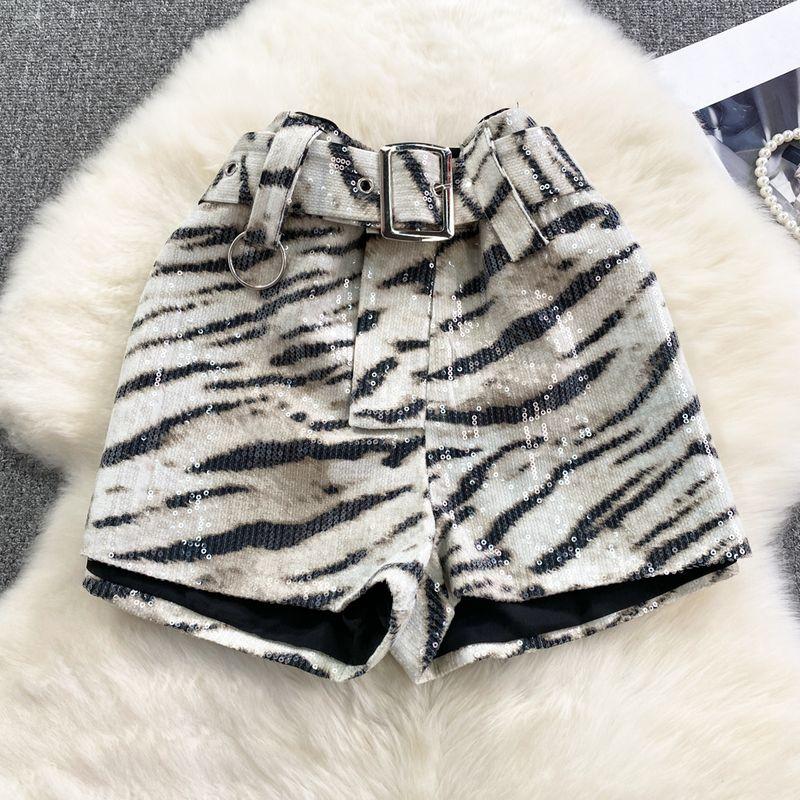 

Elegant High Waist Sexy Leopard Print Shorts Casual Sequin White zebra pattern XL