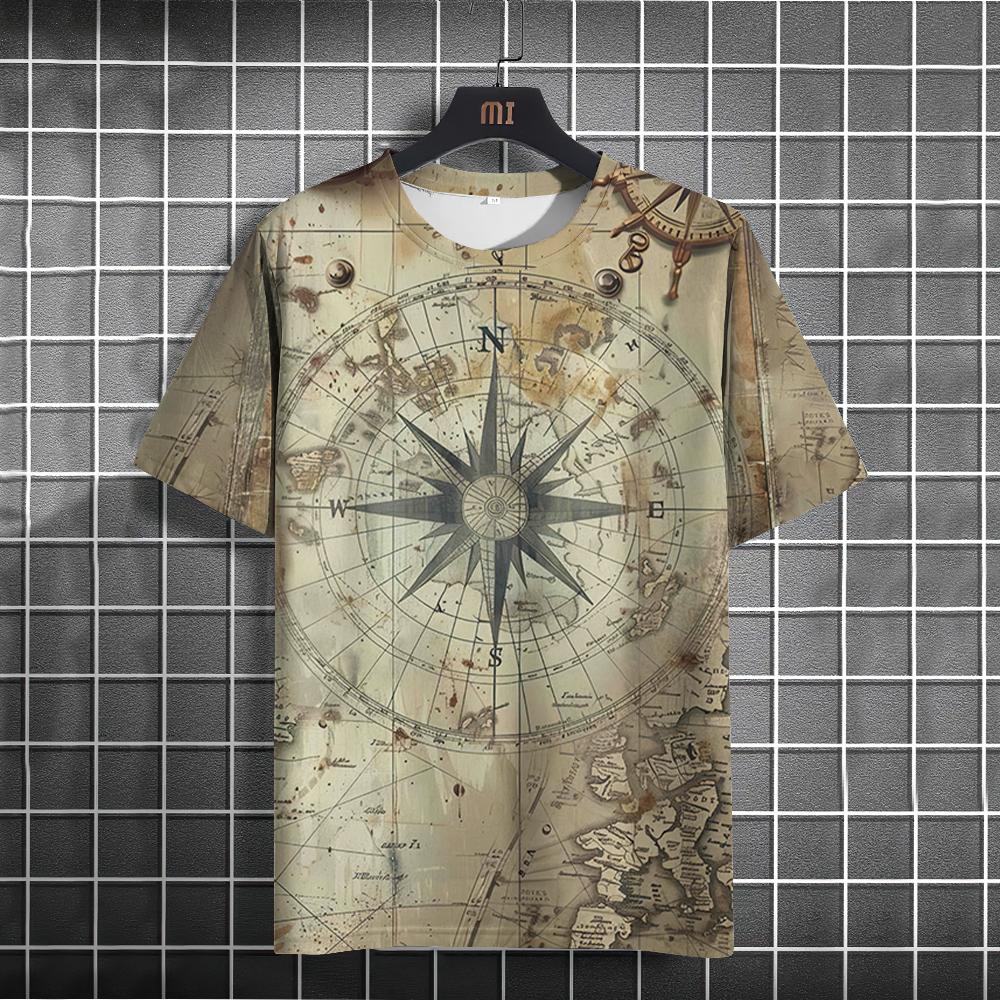 Maglietta vintage da uomo, estiva, americana, con stampa bussola, a maniche corte, comoda e comoda, abbigliamento casual da uomo per tutti i giorni.