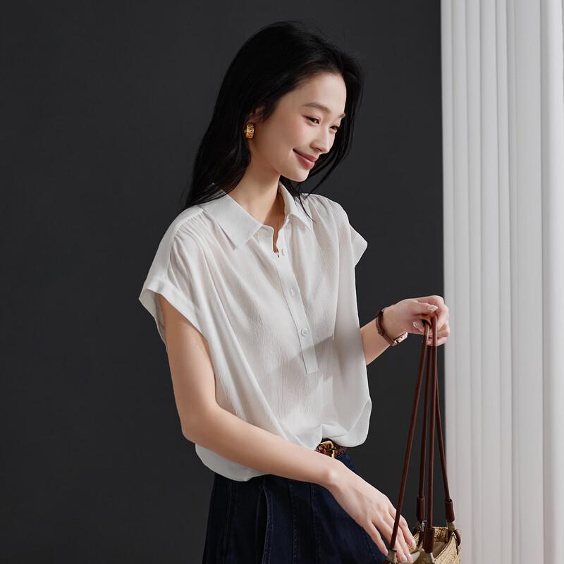SOFSIL Women s Summer Commuter Solid Lapel Short Sleeve Shirt M