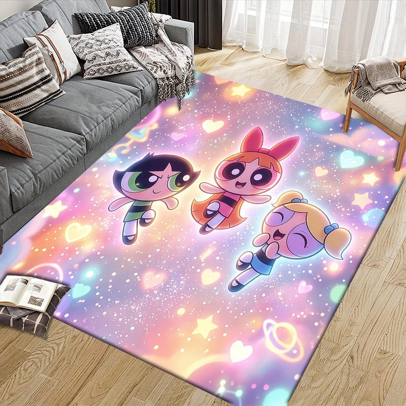 The Powerpuff Girls Flannel Pattern Square Carpet,Area Rug,Carpet Rug for Living Room Bedroom Sofa Playroom Decor,Non-slip Floor Mat
