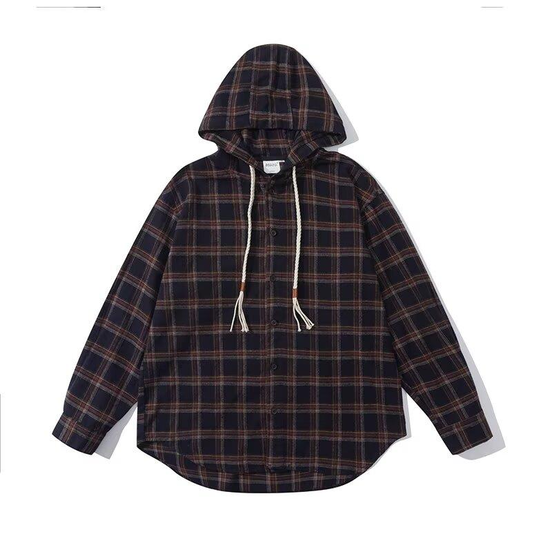 Retro podzimní košile v japonském stylu Pánská hnědá Oblečení pro kluky Kostkované oblečení Dospívající Dlouhý rukáv S kapucí