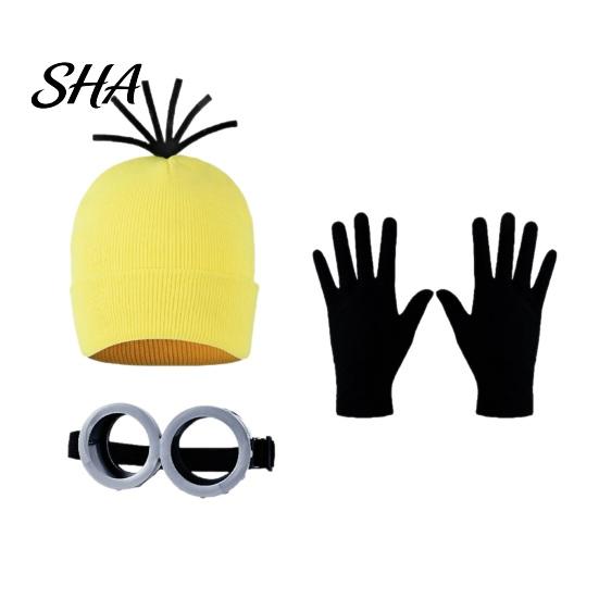 Cappello Lavorato a Maglia Giallo Cosplay Set 3 Pezzi Accessori Costume di Halloween, Set Occhiali Steampunk Oggetti di Scena Guanti Adulti Festa per Uomini Donne Retro