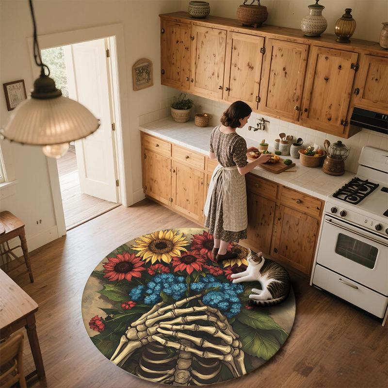 Sunflower and Skull,Round Area Rug,Carpet Rug for Living Room Bedroom Sofa Playroom Decor,Non-slip Floor Mat