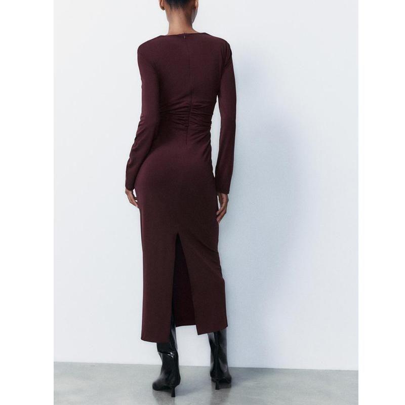 Fall and Winter New Women's Clothing New Year Christmas Dress Ruched Decoration Midi Skirt Long Dress 3152304