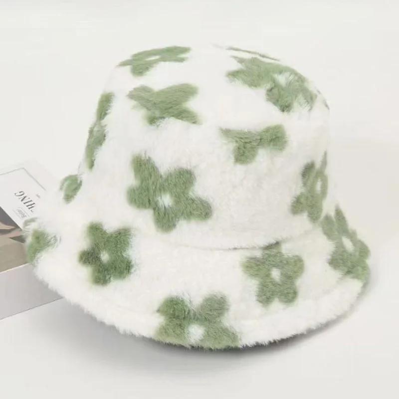 Freizeit Plüsch Niedliche Bucket Caps mit Kleinen Druckblumen,Damen Herbst Winter Sterne Warm Fischerhut Dickes Faux Fur Skullies Mützen