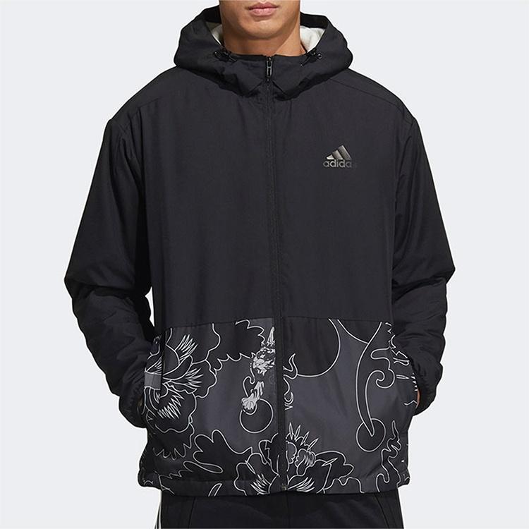 adidas Aop Block Colorblock Windproof Fleece Lined Stay Warm Hooded Jacket Black Men's GT6484