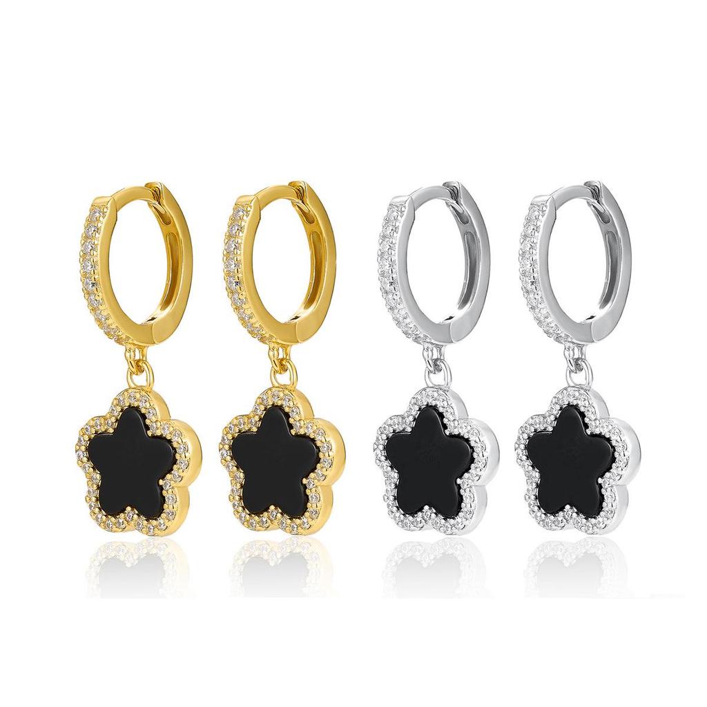 S925 Silber Vierblättrige Kleeblatt Ohrringe mit schwarzem Achat-Inlay - Luxuriöser High-End Echtsilber Schmuck