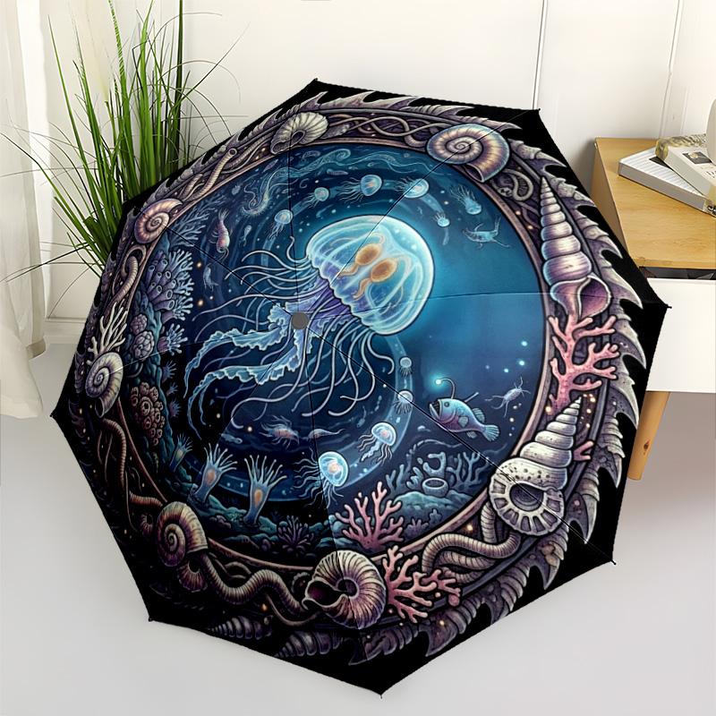 Oceanic Fantasy Circle Pattern Umbrella, Portable and Foldable Design, 8 Ribs, a Casual Accessory for Halloween, Christmas, and Birthday Gifts.