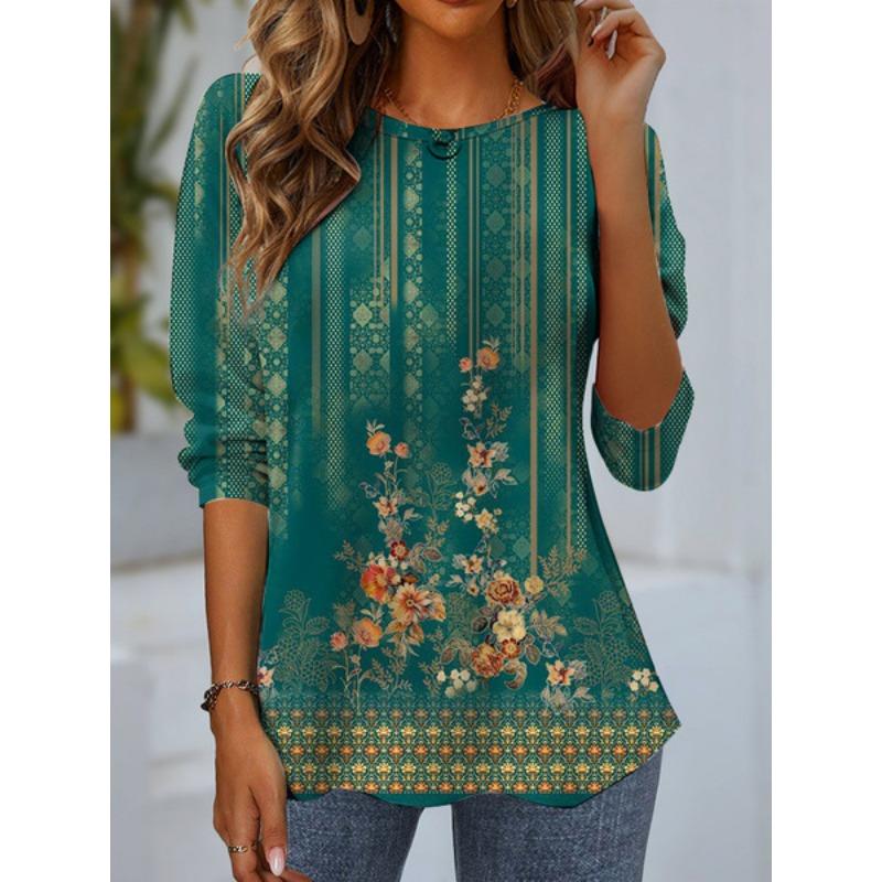 Round Neck 3D Printed Top Colorful Fashionable Casual Long Sleeved Women's T-shirts