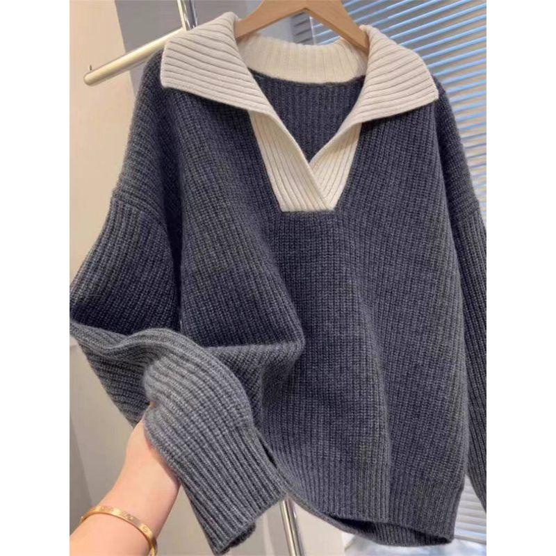 150.00kg Extra Large Size K-style Contrast Color Polo Collar Sweater 100.00kg Plus Size Ladies Loose Soft Glutinous Outerwear Sweater Tops Gray 5XL(105-120kg)