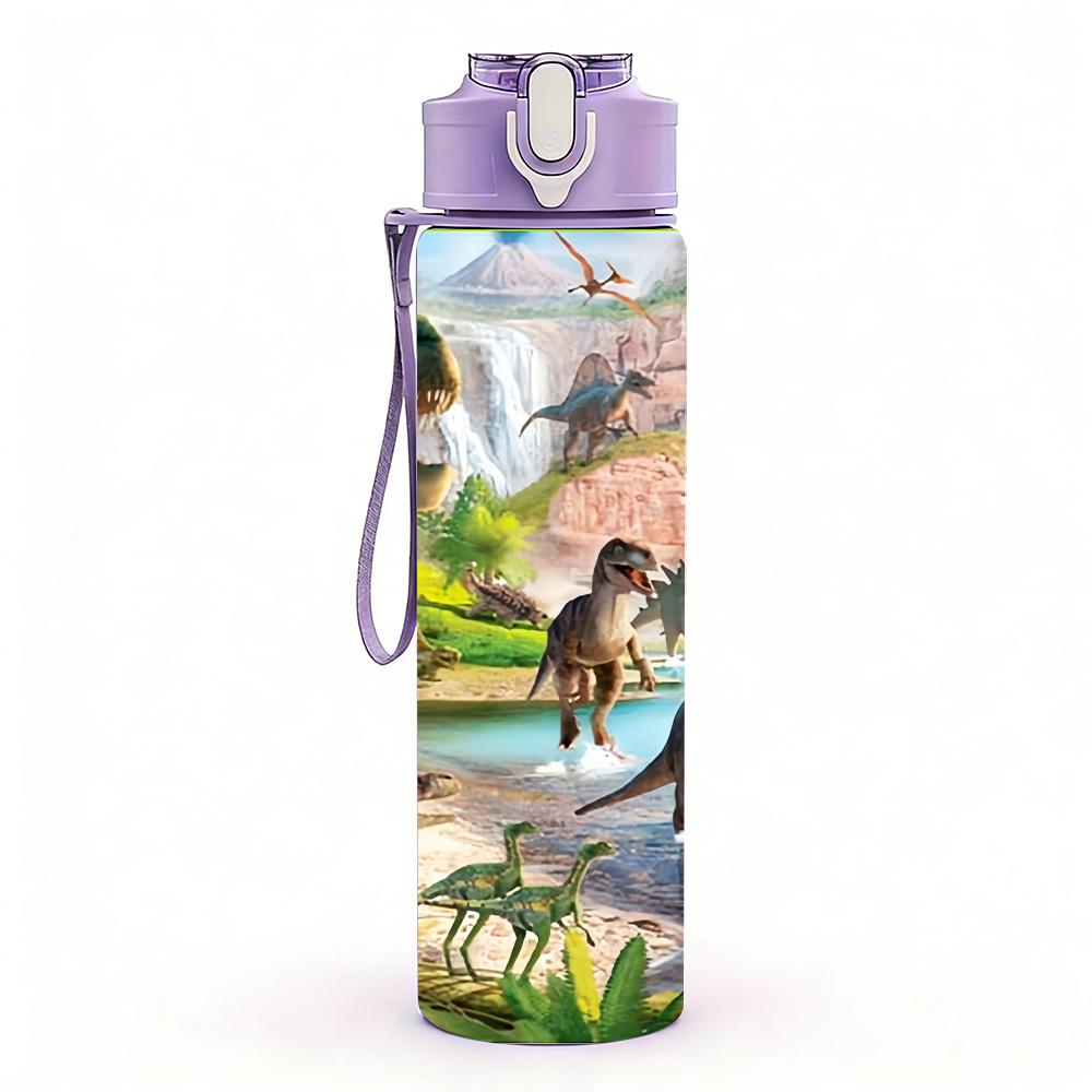 1 Stück Dschungel Wild Dinosaurier Fluss Landschaftliches Layout 750ml Farbe Kunststoff Wasserflasche Auslaufsicher Klappdeckel mit Strohhalm Für Sport Büro Heimgebrauch