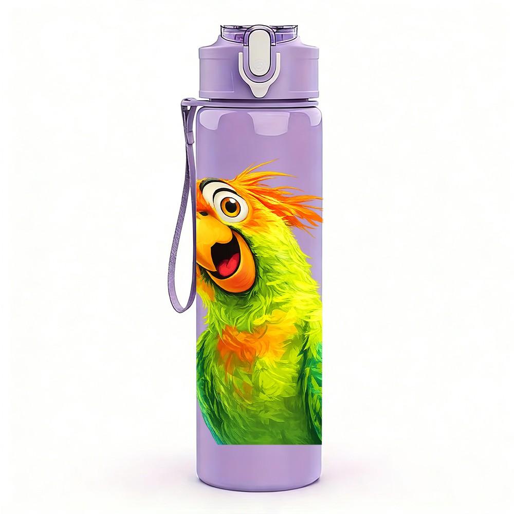1PC Bright Green Parrot Bird Cartoon Print 750ml Color Plastic Sports Water Bottle Leakproof Flip Straw Lid Suitable for Sports Office Home Use