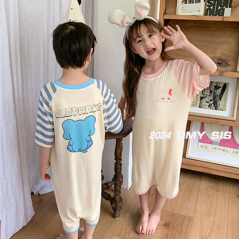MYSIS Summer Kids' Modal Short Sleeve Split Leg Sleep Bag Romper 2-Way Skirt Pajamas with Baby Mask
