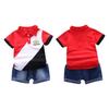 Baby gutter kortermet krone patchwork mønster T-skjorte bluse+denim shorts