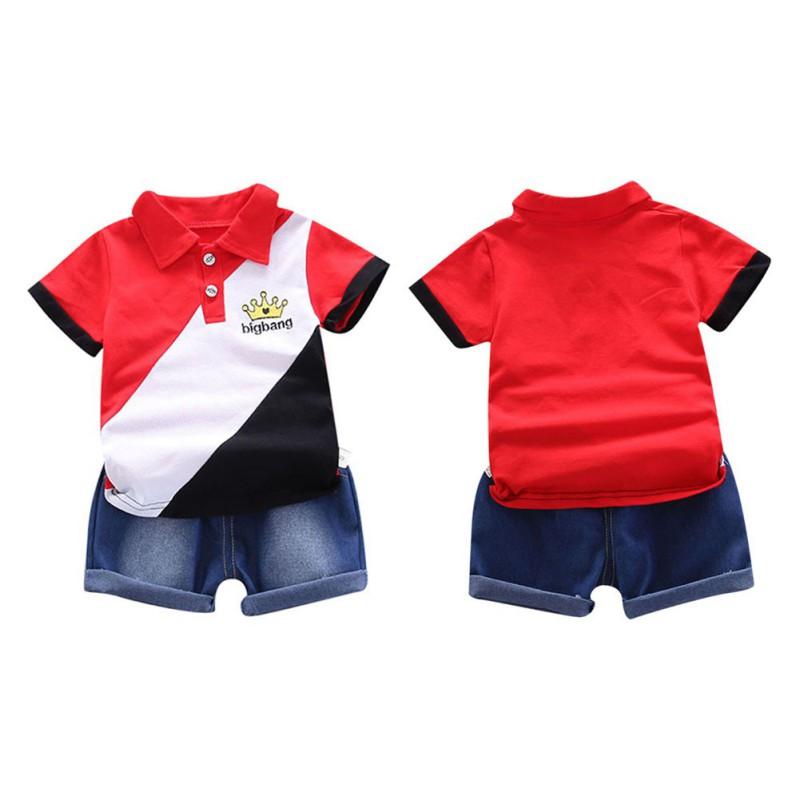 Baby gutter kortermet krone patchwork mønster T-skjorte bluse+denim shorts