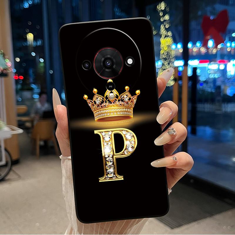 Elegant Simple Crown Initial Letter Case For ZTE Blade A76 5G Soft Silicone Black Case Shockproof Shell ZTE Blade A76 5G Casing