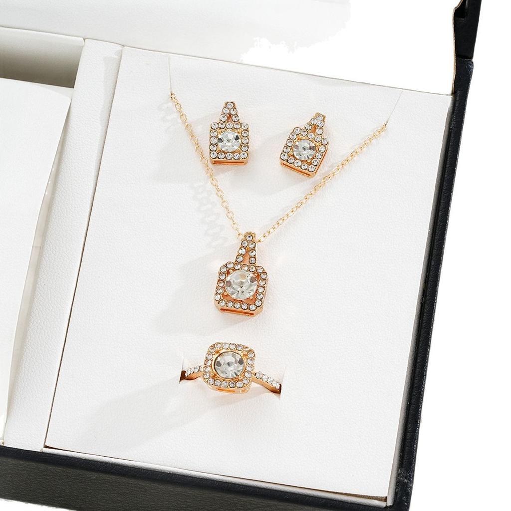 4Pcs/set Fashion Square Zircon Necklace Earrings Ring For Women Luxury Wedding Engagement Jewelry Shining Party Jewelry Gifts