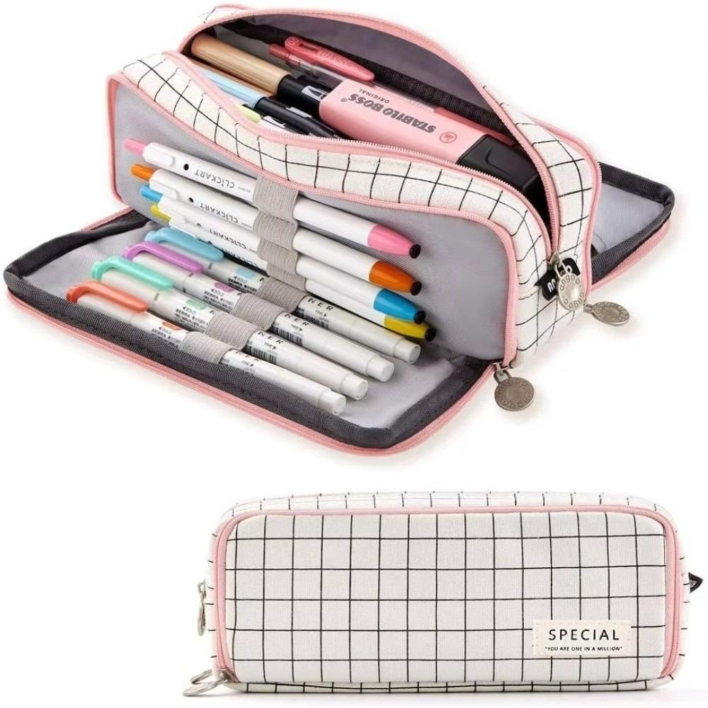 4 Compartments Pencil Pouch Zipper Closure Pen Case Large Pencil Bag  For Girls