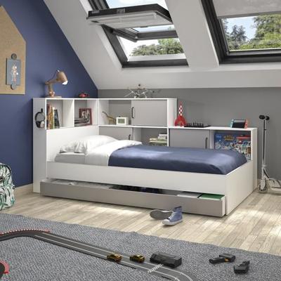 GAMI Erwan Kinderbett mit Stauraum - Weiß und Grau Dekor - 90 x 200 cm