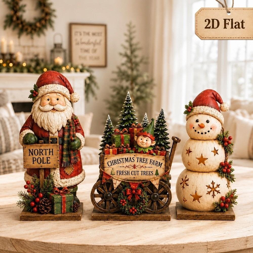 3Pcs Vintage Style Wooden Christmas Ornaments Rustic Style Christmas Figurines Home Decor