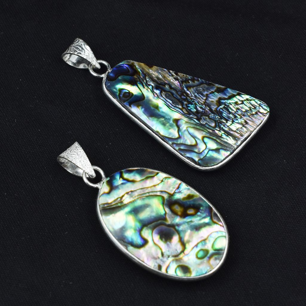 Oval-Pear Abalone Shell Gemstone 96.60 Ct Pair 925 Silver Pendant Healing Stone AR-1704-S